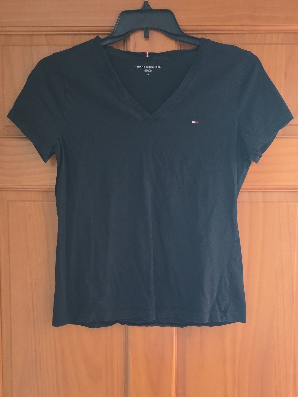 Tommy Hilfiger Black V-Neck Short Sleeve Tee with Flag Logo